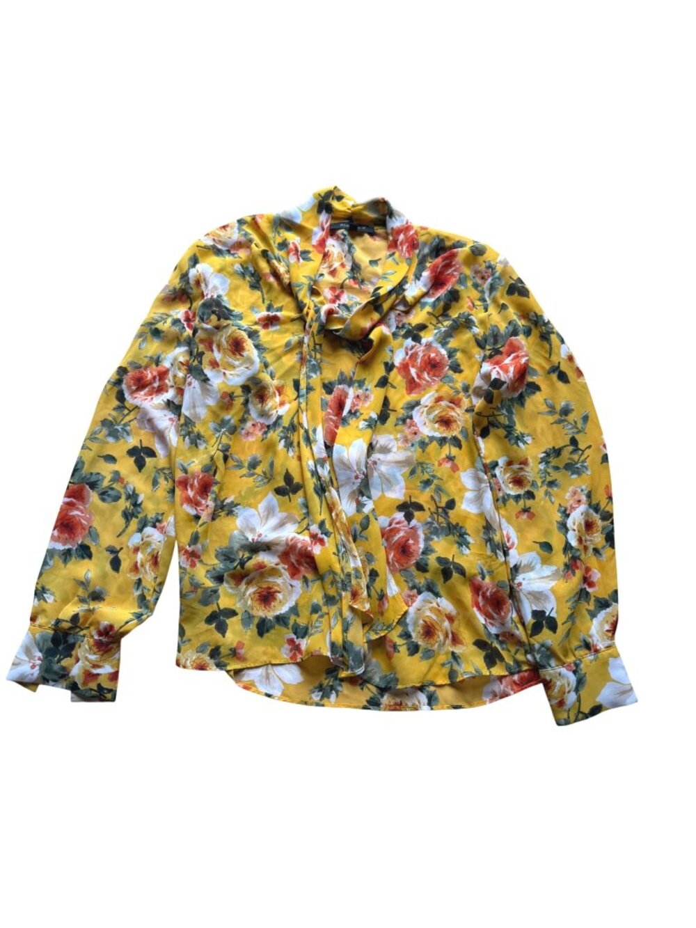 Ellen Weaver Women's Long Sleeve Top XL Yellow Floral Tie Neck Flowy Boho Office